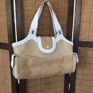 COLE HAAN Megan Straw White Leather Trims Shoulder Bag SU05